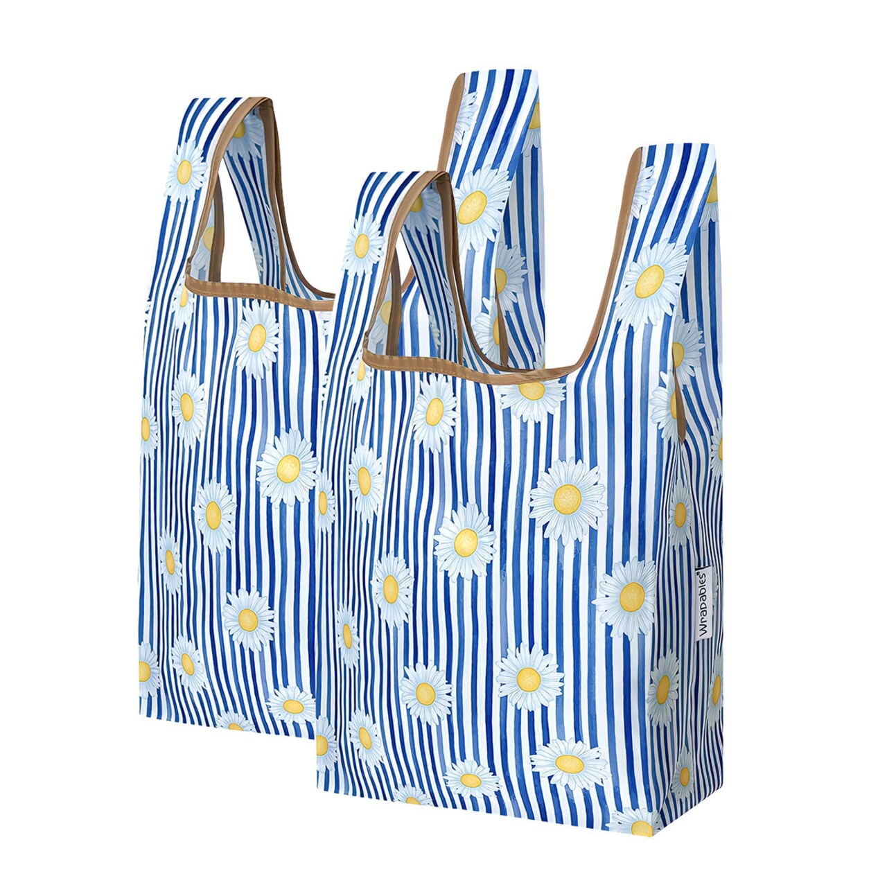 Wrapables Small JoliBag Nylon Reusable Grocery Bag, 2 Pack, Daisies & Stripes